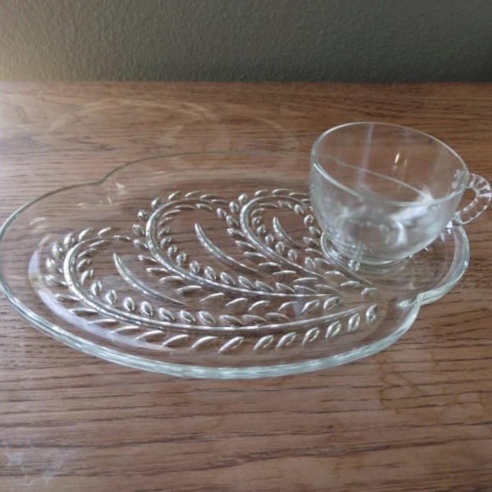 Vintage Crystal Platter and Tea Cup Serving Set. Set of Three